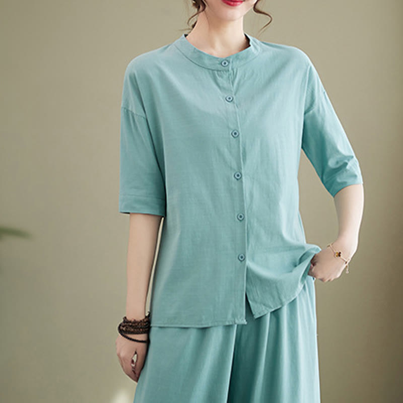 Buddha Stones 2 szt. Casual Jednokolorowe guziki Projekt Koszula z krótkim rękawem Spodnie z szerokimi nogawkami i kieszeniami Bawełniana odzież Zen Zestaw damski - image 12