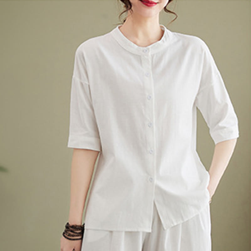 Buddha Stones 2 szt. Casual Jednokolorowe guziki Projekt Koszula z krótkim rękawem Spodnie z szerokimi nogawkami i kieszeniami Bawełniana odzież Zen Zestaw damski - image 6