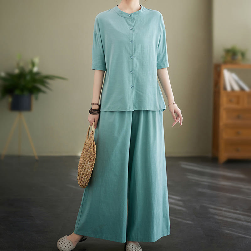Buddha Stones 2 szt. Casual Jednokolorowe guziki Projekt Koszula z krótkim rękawem Spodnie z szerokimi nogawkami i kieszeniami Bawełniana odzież Zen Zestaw damski - image 9