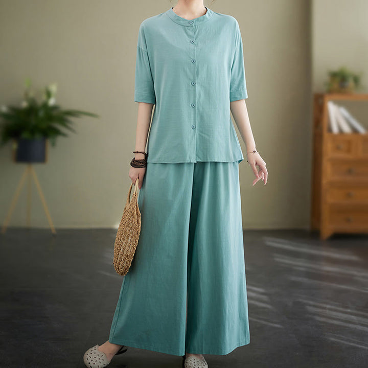 Buddha Stones 2 szt. Casual Jednokolorowe guziki Projekt Koszula z krótkim rękawem Spodnie z szerokimi nogawkami i kieszeniami Bawełniana odzież Zen Zestaw damski - image 9