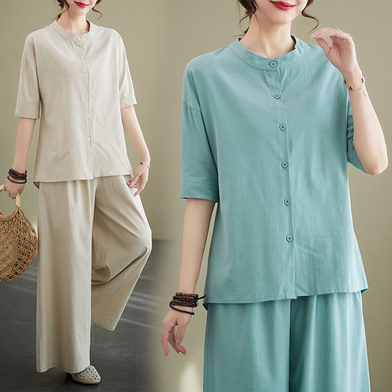 Buddha Stones 2 szt. Casual Jednokolorowe guziki Projekt Koszula z krótkim rękawem Spodnie z szerokimi nogawkami i kieszeniami Bawełniana odzież Zen Zestaw damski - image 14