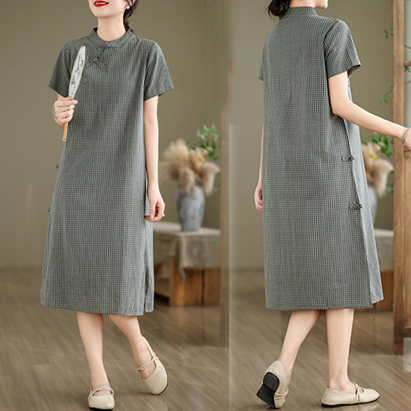 Sukienka midi w kratę z krótkim rękawem i żabim guzikiem z bawełny i lnu w stylu cheongsam z motywem Buddha Stones - image 14