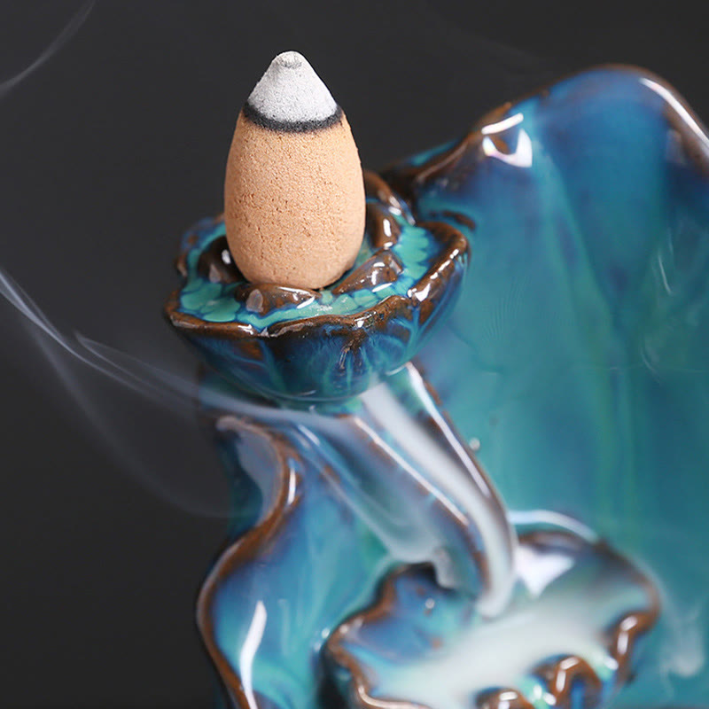 Buddha Stones Niebieski Lotos Liść Ceramiczny Dym Fontanna Cofania Duchowy Palnik Kadzideł Dekoracja - image 7