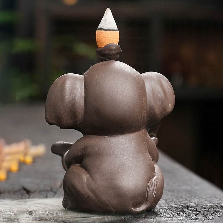 Buddha Stones Mały Słoń Trzymający Liść Fioletowa Glina Fontanna Dymna Z Przepływem Wstecznym Uzdrawiająca Kadzielnica Dekoracja - image 5