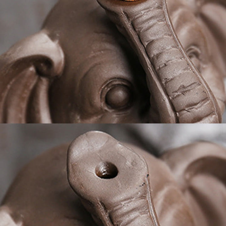 Buddha Stones Mały Słoń Trzymający Liść Fioletowa Glina Fontanna Dymna Z Przepływem Wstecznym Uzdrawiająca Kadzielnica Dekoracja - image 15