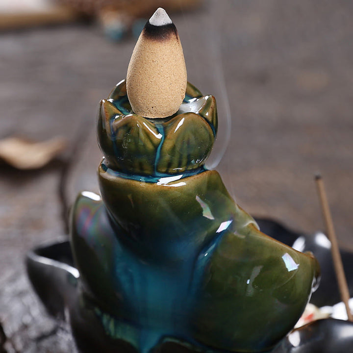 Buddha Stones Liść Lotosu Ryba Koi Ceramiczna Fontanna Dymna Z Przepływem Pokoju Dekoracja Kadzidła - image 9