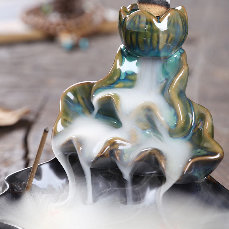 Buddha Stones Liść Lotosu Ryba Koi Ceramiczna Fontanna Dymna Z Przepływem Pokoju Dekoracja Kadzidła - image 7