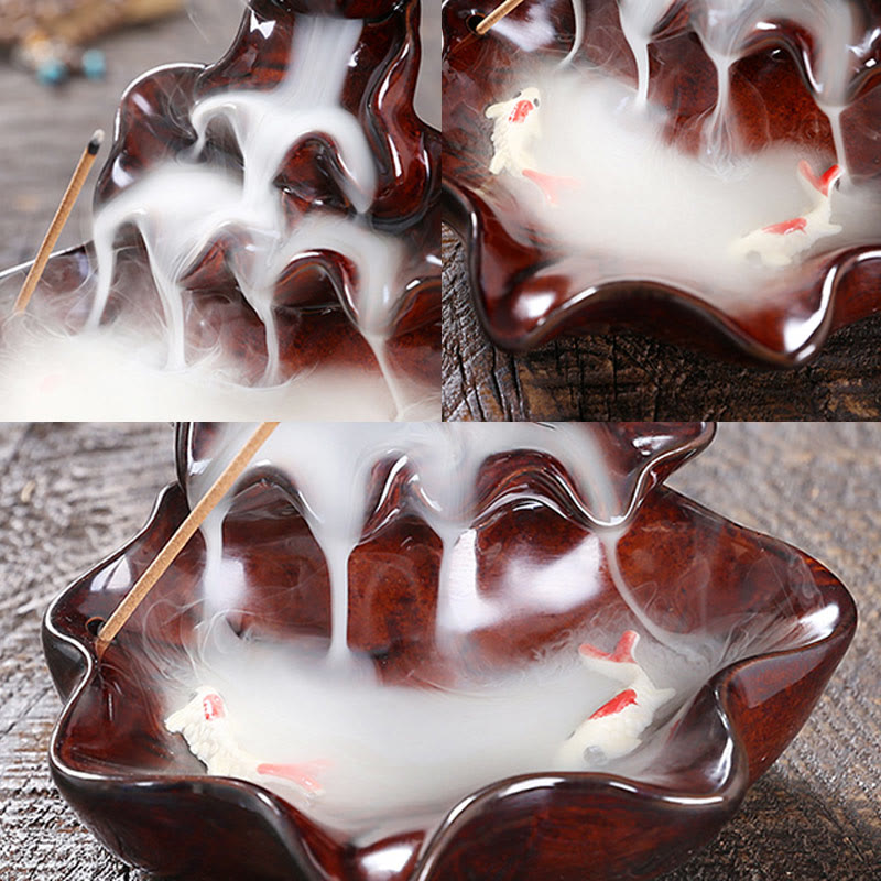 Buddha Stones Liść Lotosu Ryba Koi Ceramiczna Fontanna Dymna Z Przepływem Pokoju Dekoracja Kadzidła - image 18