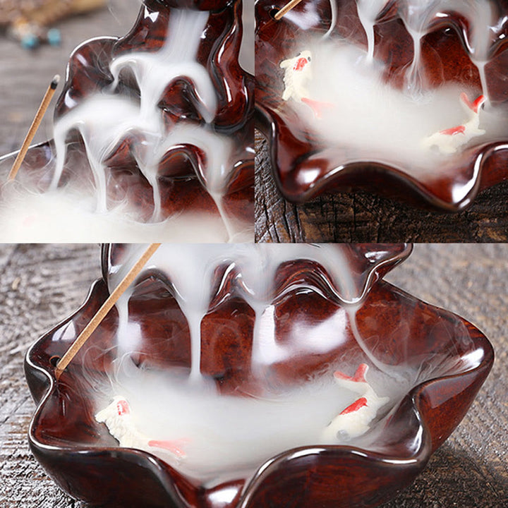 Buddha Stones Liść Lotosu Ryba Koi Ceramiczna Fontanna Dymna Z Przepływem Pokoju Dekoracja Kadzidła - image 18