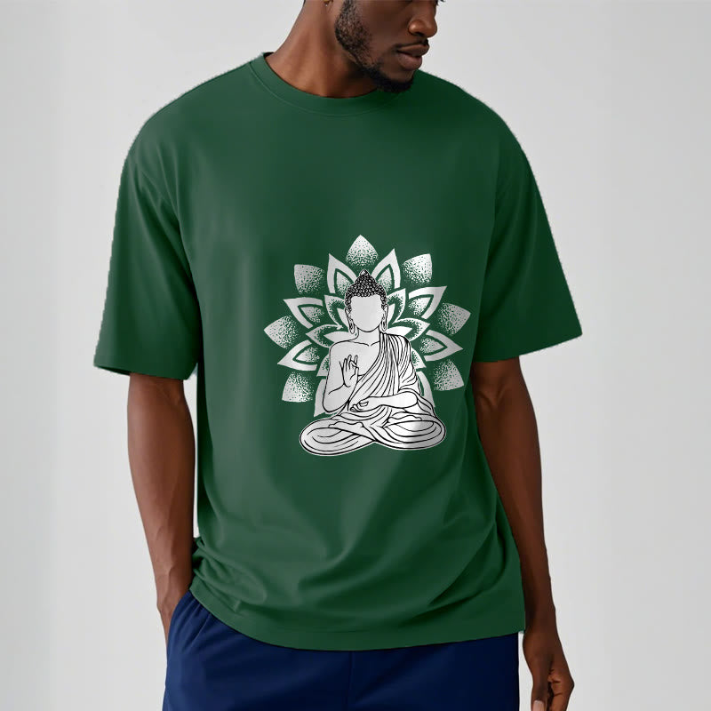 Buddha Stones Siedzący Budda Kwiat Lotosu Wzór T-shirt - image 2
