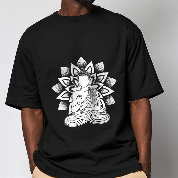 Buddha Stones Siedzący Budda Kwiat Lotosu Wzór T-shirt - image 5