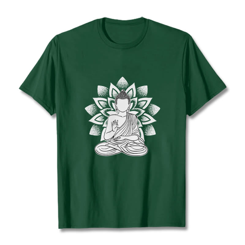 Buddha Stones Siedzący Budda Kwiat Lotosu Wzór T-shirt - ForestGreen - 2XL - image 1
