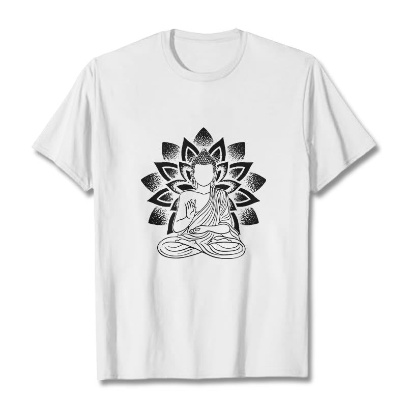 Buddha Stones Siedzący Budda Kwiat Lotosu Wzór T-shirt - Biały - 2XL - image 8