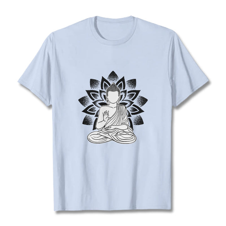 Buddha Stones Siedzący Budda Kwiat Lotosu Wzór T-shirt - Jasnoniebieski - 2XL - image 19