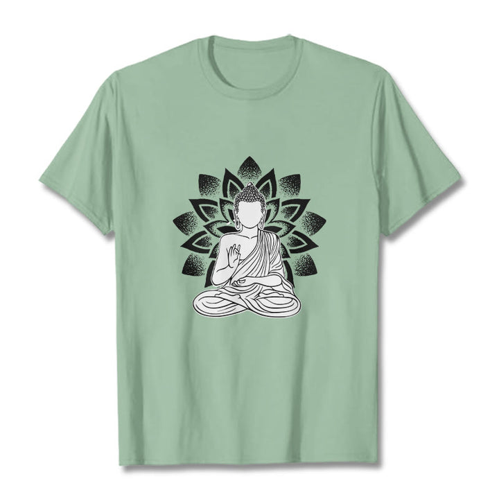Buddha Stones Siedzący Budda Kwiat Lotosu Wzór T-shirt - PaleGreen - 2XL - image 15
