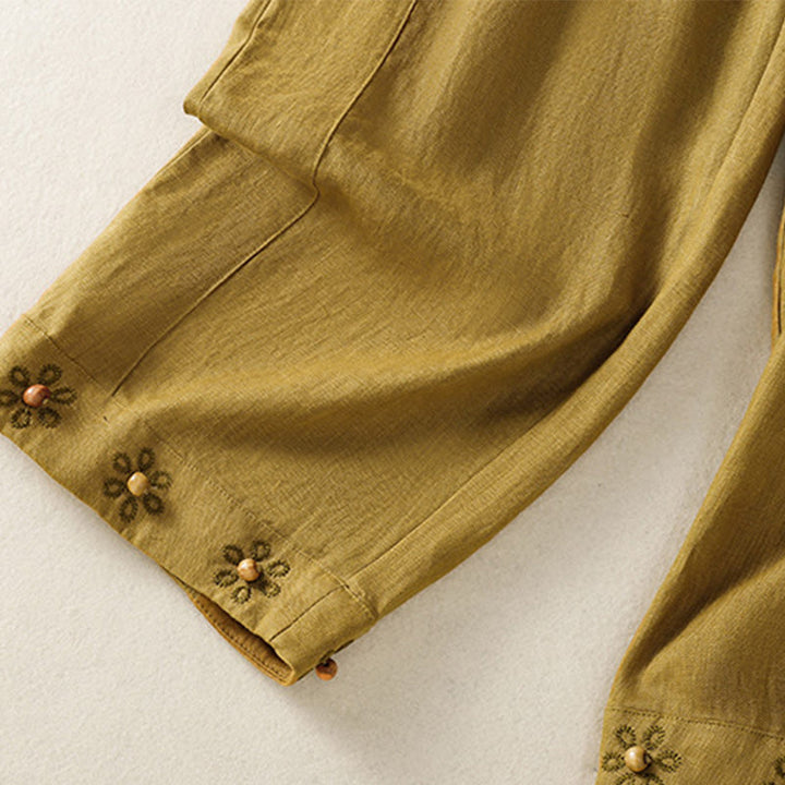 Spodnie damskie bawełniane z szerokimi nogawkami i kieszeniami, haftowane koralikami i sznurkiem Buddha Stones - image 12