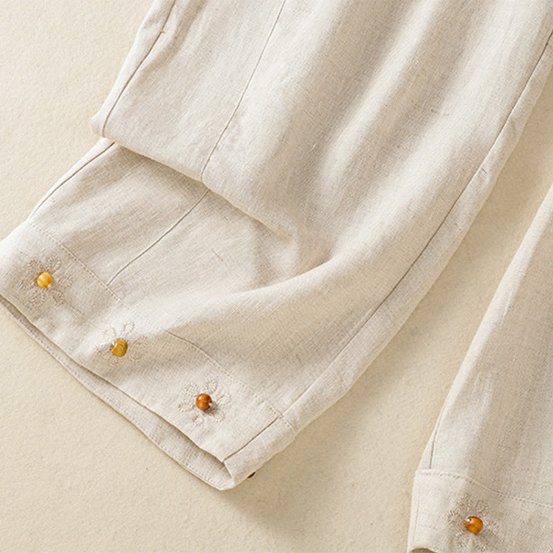 Spodnie damskie bawełniane z szerokimi nogawkami i kieszeniami, haftowane koralikami i sznurkiem Buddha Stones - image 21