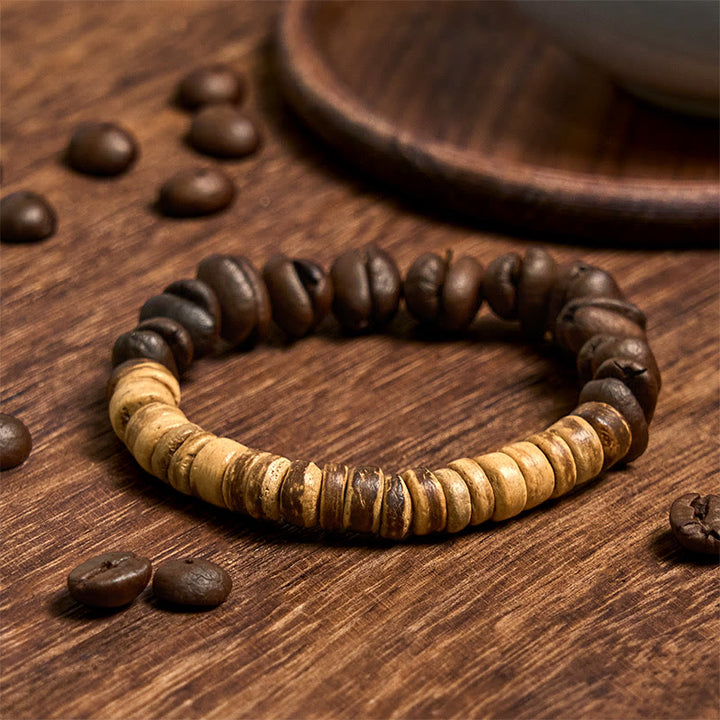 Bransoletka szczęścia z naturalnych ziaren kawy Buddha Stones z łupin kokosa - Ziarna kawy i skorupa kokosa (obwód nadgarstka 14-17 cm) - image 1