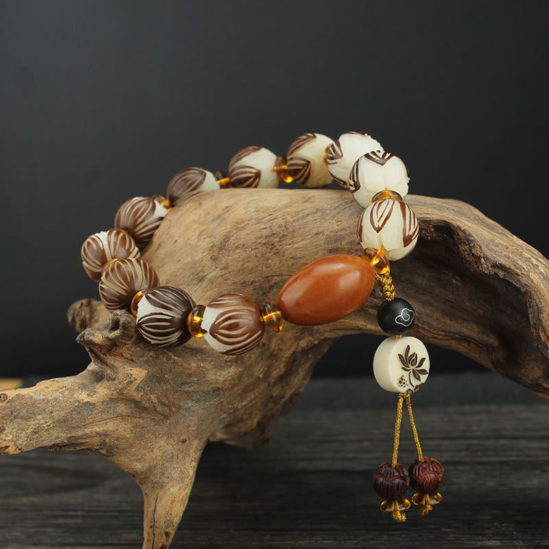 Bransoletka z białymi nasionami Bodhi i Buddha Stones , Mala Tybetańska - Nasiona Bodhi i jądro oliwki (obwód nadgarstka: 16-18 cm) - image 1