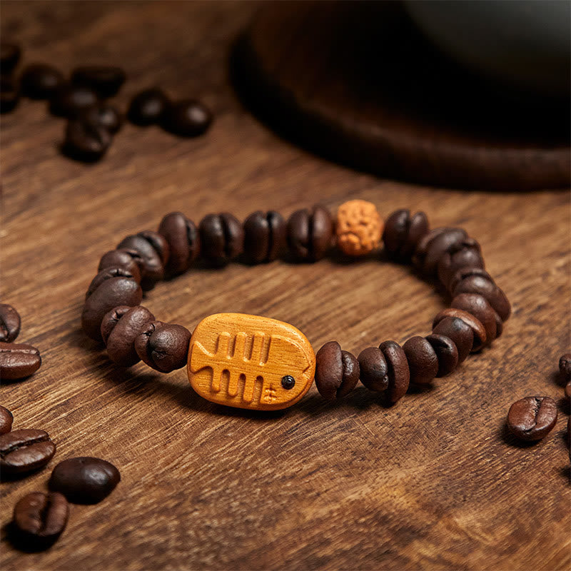 Bransoletka z Buddha Stones wykonana ręcznie z ości ryby, prawdziwych ziaren kawy i drewna wenge - image 3