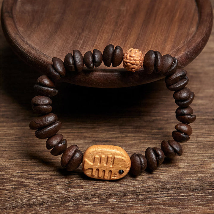 Bransoletka z Buddha Stones wykonana ręcznie z ości ryby, prawdziwych ziaren kawy i drewna wenge - image 2
