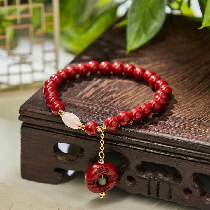 Bransoletka z naturalnym zapięciem w kształcie klamry z Buddha Stones, z cynobrem i błogosławieństwem