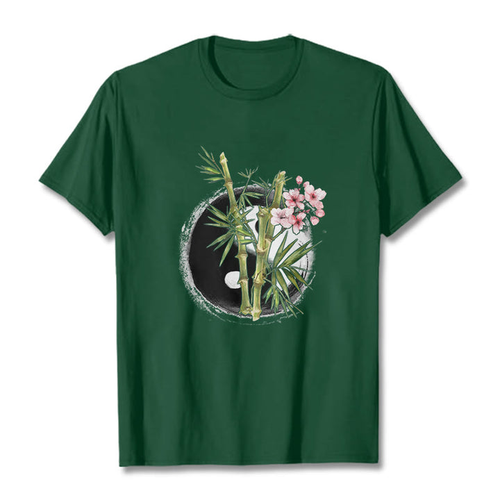 Koszulka z motywem kwiatów brzoskwini i bambusa z kamieniami Buddha Stones Yin Yang - ForestGreen - 2XL - image 11