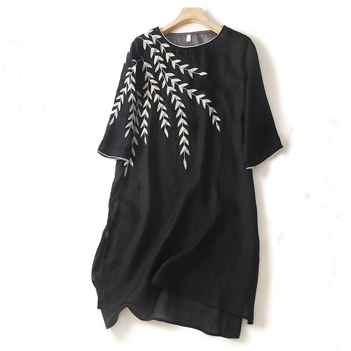 Sukienka midi z bawełny i lnu z haftem i rozcięciem na trzy czwarte, z motywem Buddha Stones - Czarny - US8-10,UK/AU12-14,EU40-42 (2XL) - image 1