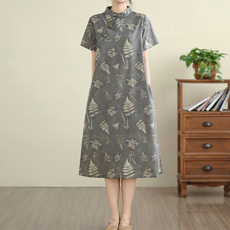 Sukienka midi z bawełny w stylu cheongsam z motywem Buddha Stones w stylu retro, ciemnoszara, z guzikami żabowymi i kieszeniami - image 3