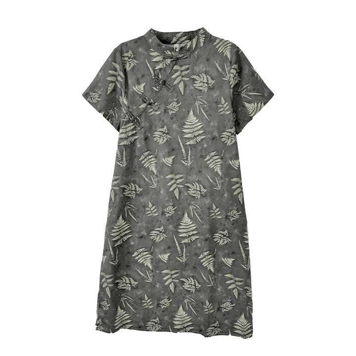 Sukienka midi z bawełny w stylu cheongsam z motywem Buddha Stones w stylu retro, ciemnoszara, z guzikami żabowymi i kieszeniami - image 13