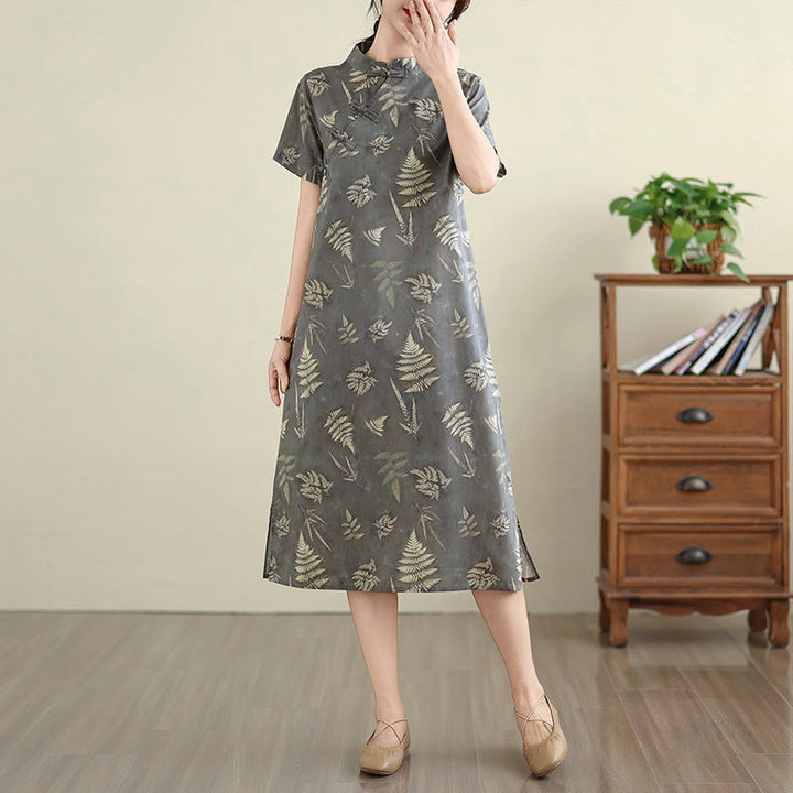 Sukienka midi z bawełny w stylu cheongsam z motywem Buddha Stones w stylu retro, ciemnoszara, z guzikami żabowymi i kieszeniami - image 4