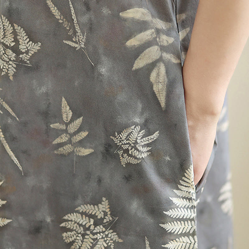 Sukienka midi z bawełny w stylu cheongsam z motywem Buddha Stones w stylu retro, ciemnoszara, z guzikami żabowymi i kieszeniami - image 10