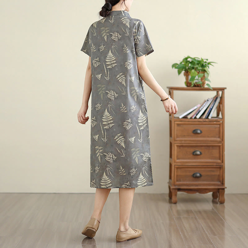 Sukienka midi z bawełny w stylu cheongsam z motywem Buddha Stones w stylu retro, ciemnoszara, z guzikami żabowymi i kieszeniami - image 5