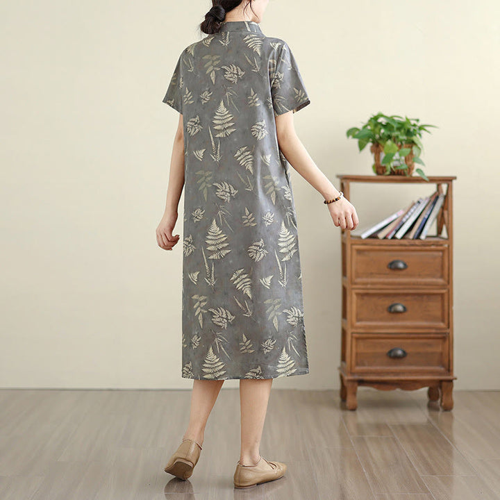 Sukienka midi z bawełny w stylu cheongsam z motywem Buddha Stones w stylu retro, ciemnoszara, z guzikami żabowymi i kieszeniami - image 5