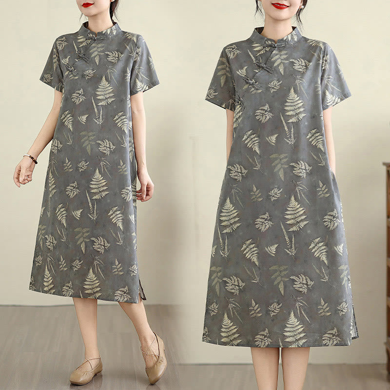 Sukienka midi z bawełny w stylu cheongsam z motywem Buddha Stones w stylu retro, ciemnoszara, z guzikami żabowymi i kieszeniami - image 7