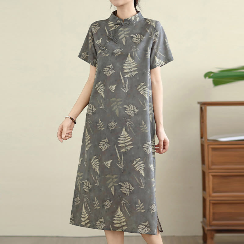 Sukienka midi z bawełny w stylu cheongsam z motywem Buddha Stones w stylu retro, ciemnoszara, z guzikami żabowymi i kieszeniami - image 6