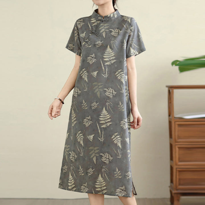 Sukienka midi z bawełny w stylu cheongsam z motywem Buddha Stones w stylu retro, ciemnoszara, z guzikami żabowymi i kieszeniami - image 6