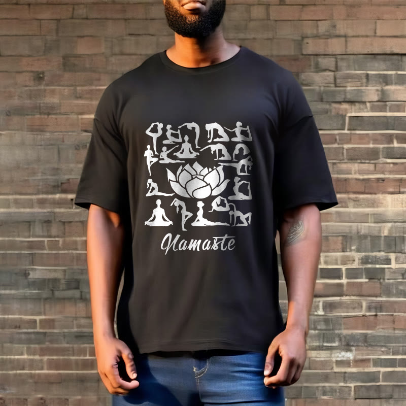Koszulka z nadrukiem "Buddha Stones" w swobodnym stylu, z motywem kwiatu lotosu i różnymi pozycjami jogi - image 6
