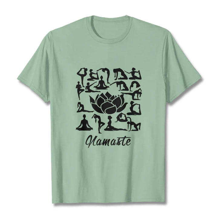 Koszulka z nadrukiem "Buddha Stones" w swobodnym stylu, z motywem kwiatu lotosu i różnymi pozycjami jogi - PaleGreen - 2XL - image 15