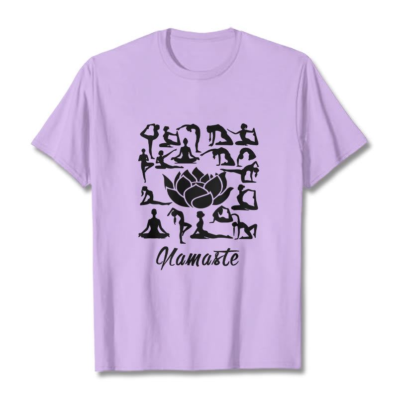 Koszulka z nadrukiem "Buddha Stones" w swobodnym stylu, z motywem kwiatu lotosu i różnymi pozycjami jogi - Śliwka - 2XL - image 17