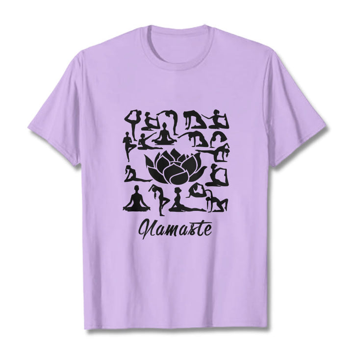 Koszulka z nadrukiem "Buddha Stones" w swobodnym stylu, z motywem kwiatu lotosu i różnymi pozycjami jogi - Śliwka - 2XL - image 17