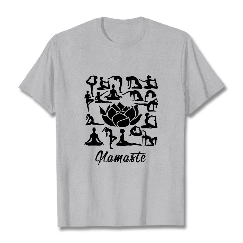 Koszulka z nadrukiem "Buddha Stones" w swobodnym stylu, z motywem kwiatu lotosu i różnymi pozycjami jogi - Jasnoszary - 2XL - image 20