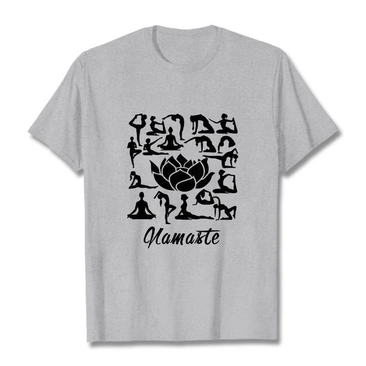 Koszulka z nadrukiem "Buddha Stones" w swobodnym stylu, z motywem kwiatu lotosu i różnymi pozycjami jogi - Jasnoszary - 2XL - image 20