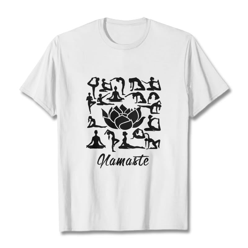 Koszulka z nadrukiem "Buddha Stones" w swobodnym stylu, z motywem kwiatu lotosu i różnymi pozycjami jogi - Biały - 2XL - image 8