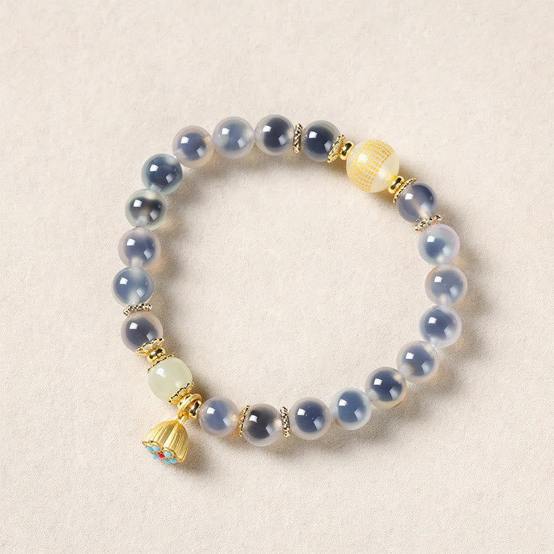 Bransoletka Buddha Stones z naturalnego, kolorowego, cukierkowego agatu i złotego strąka lotosu - Biały agat cukrowy (obwód nadgarstka: 14-15 cm) - image 12