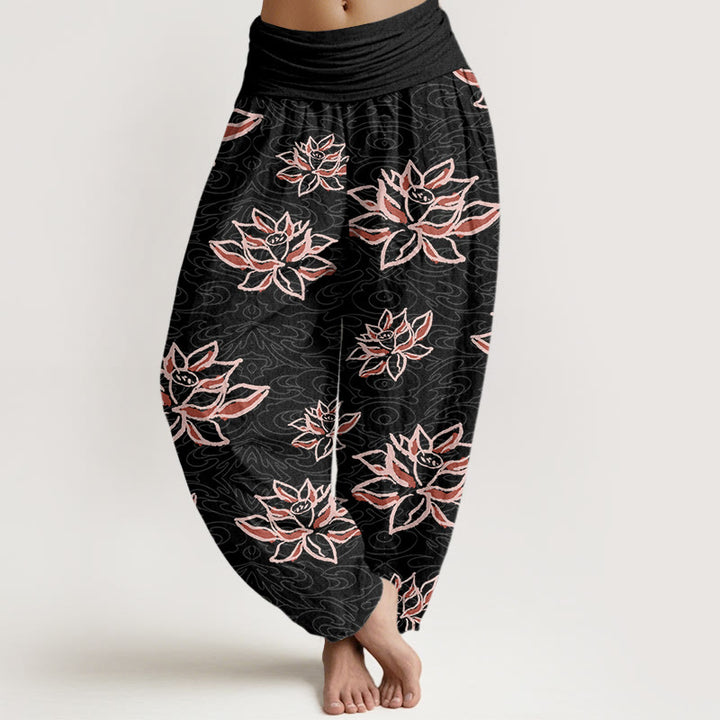 Spodnie haremowe damskie z elastyczną talią i wzorem linii lotosu z motywem Buddha Stones - Czarny - US22, UK/AU26, EU54 (6XL) - image 1