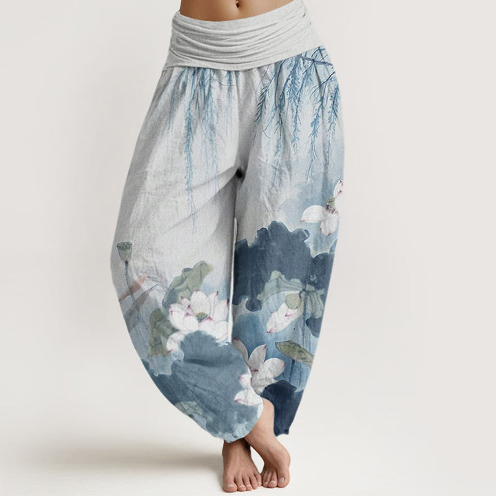 Spodnie haremowe damskie z elastyczną talią i wzorem w kwiaty lotosu w stylu Buddha Stones - SkyBlue - US22, UK/AU26, EU54 (6XL) - image 8