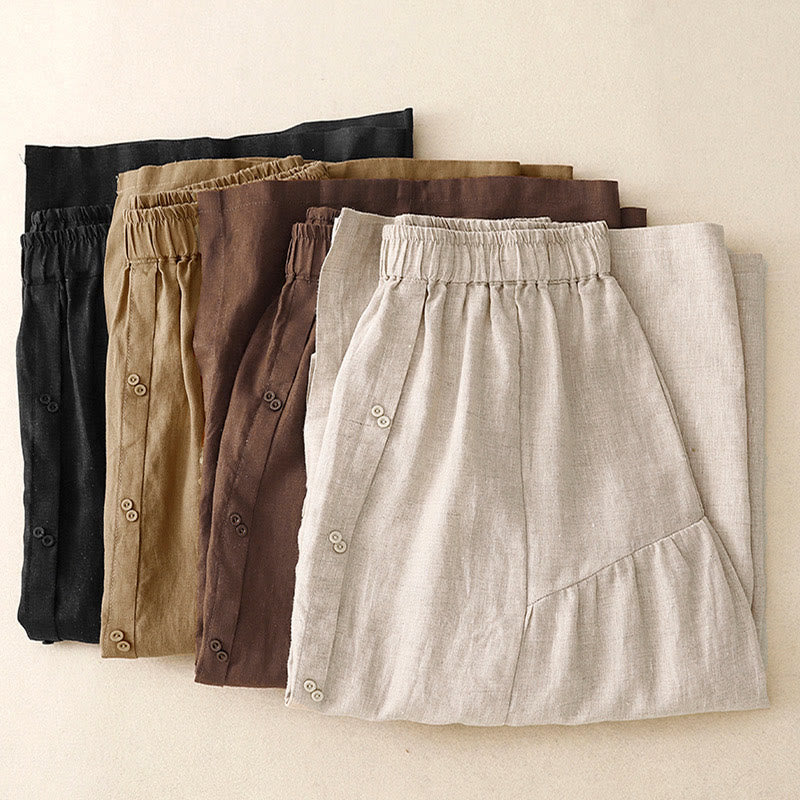 Spódnica damska z bawełny z kieszeniami, guzikami w kształcie litery A, rozcięciem w talii i motywem Buddha Stones