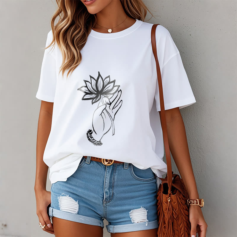 Koszulka z bawełny z motywem kwiatów lotosu i kamieniami Buddha Stones - image 8