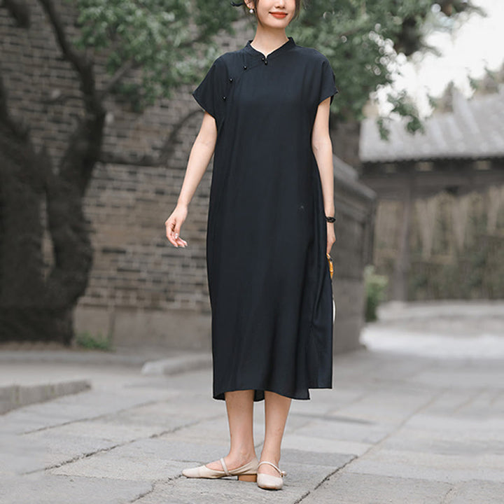 Sukienka midi z krótkim rękawem i bawełny lnianej z motywem Buddha Stones w prostym stylu cheongsam i sznurowaniem - image 19